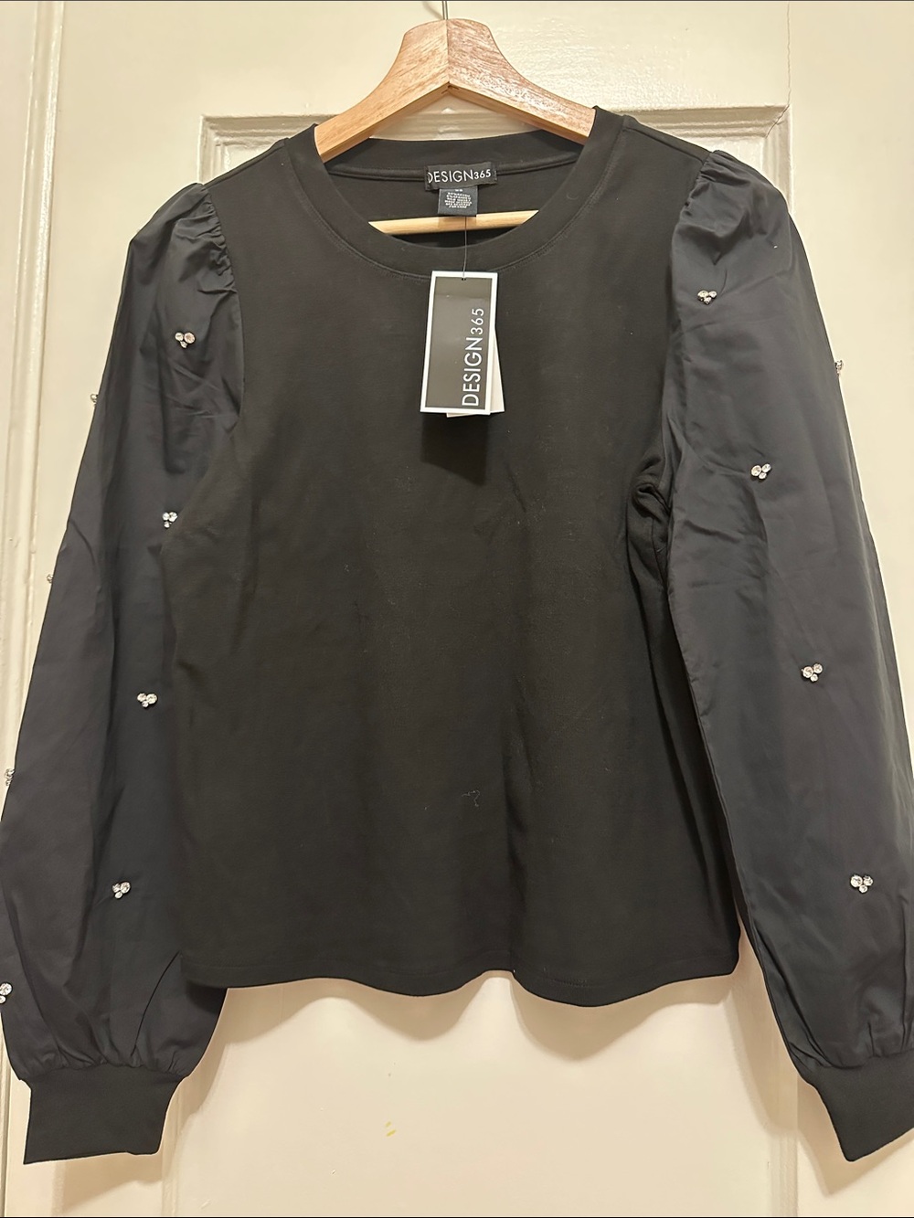 Black Puff Sleeve Embellished Women's Top